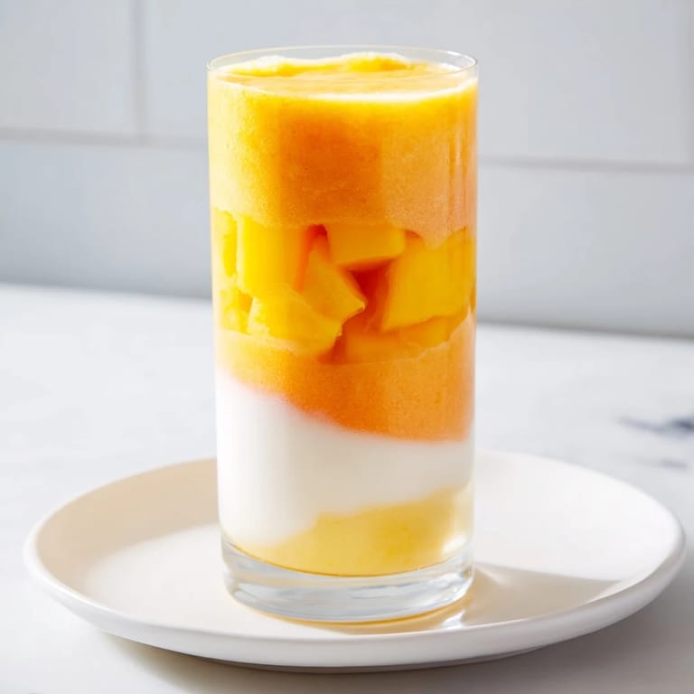 Bright, layered Tropical Sunset Smoothie, a beautiful healthy beverage layered with tropical fruits.