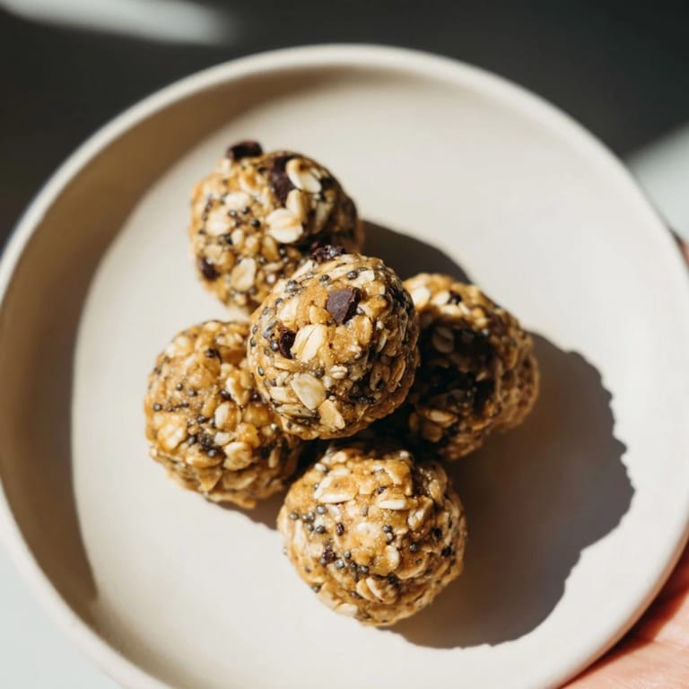 These delicious Almond-Chia Energy Bites are perfectly round and ready to enjoy as a snack.