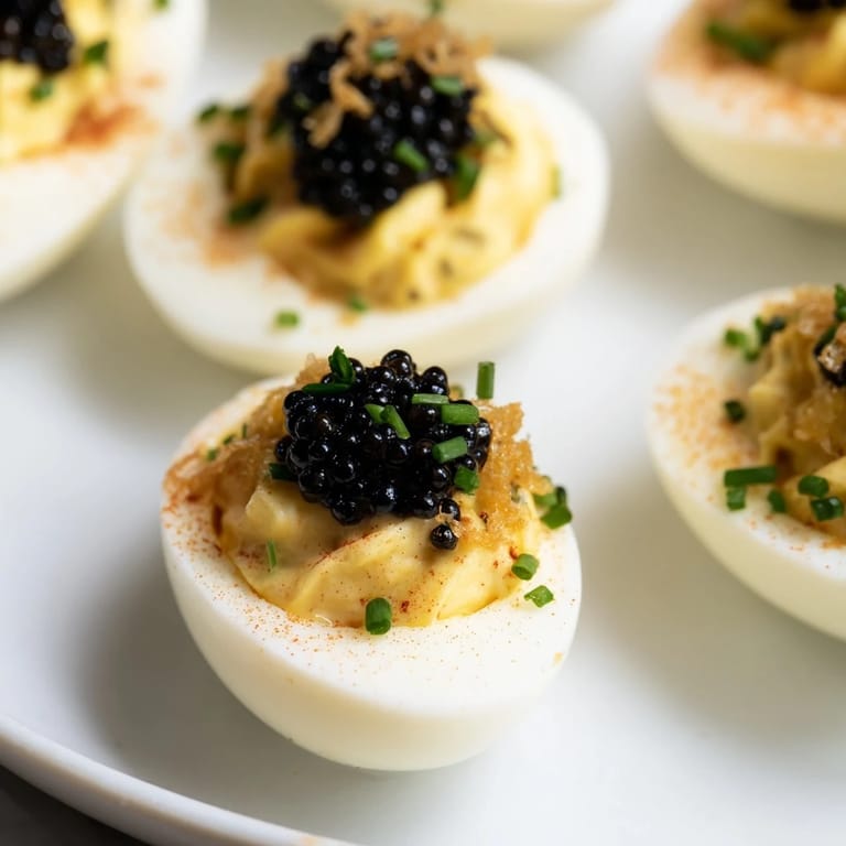 Elegant deviled eggs topped with glistening caviar and crunchy shallots, perfect for special occasions.