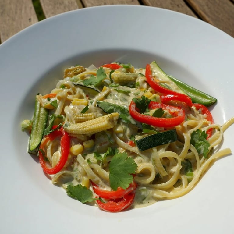Delicious Thai Curry Pasta, brimming with colorful vegetables and a creamy coconut sauce, ready to eat.