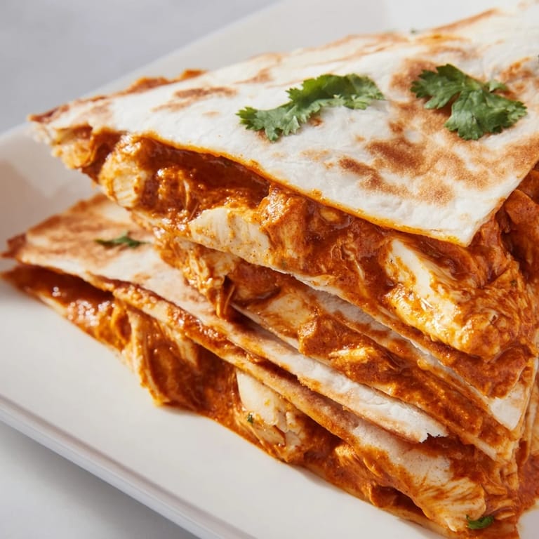 Golden, cheesy Butter Chicken Quesadillas with fresh cilantro, a flavorful fusion dish.