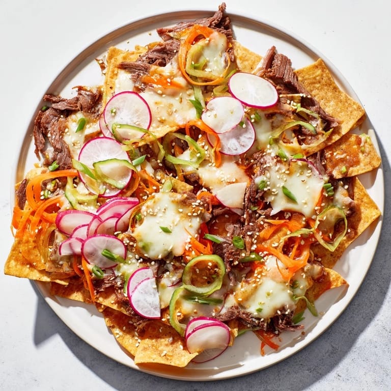 Golden, bubbly Korean BBQ Nachos piled high with gochujang-marinated beef and crunchy vegetables.