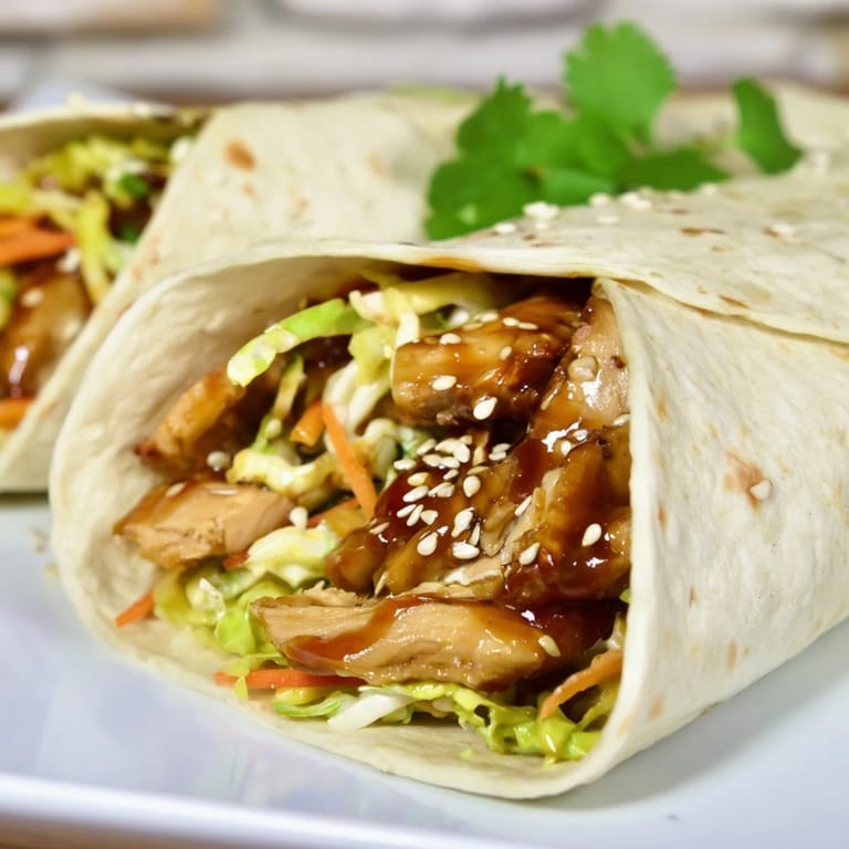 Leckere Teriyaki Chicken Wrap mit saftigem Hühnchen, frischen Karotten und knusprigem Kohl zum Mitnehmen.