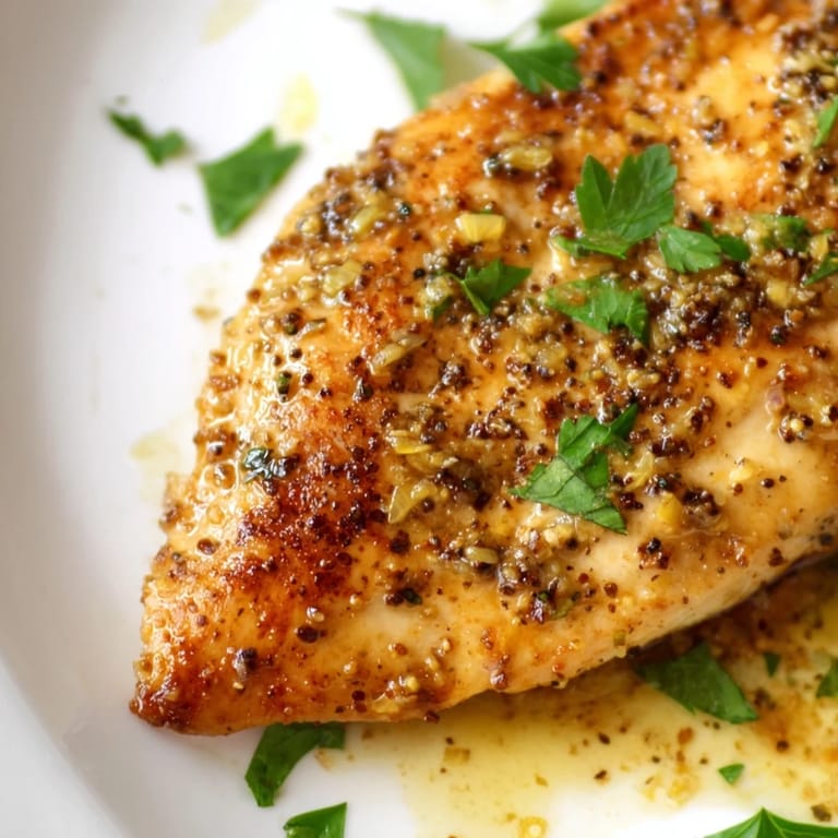 Saftige, goldbraune Hähnchenbrustfilets umhüllt von einer würzigen Zitronen-Pfeffer-Buttersauce, serviert neben einem fluffigen Haufen Reis.