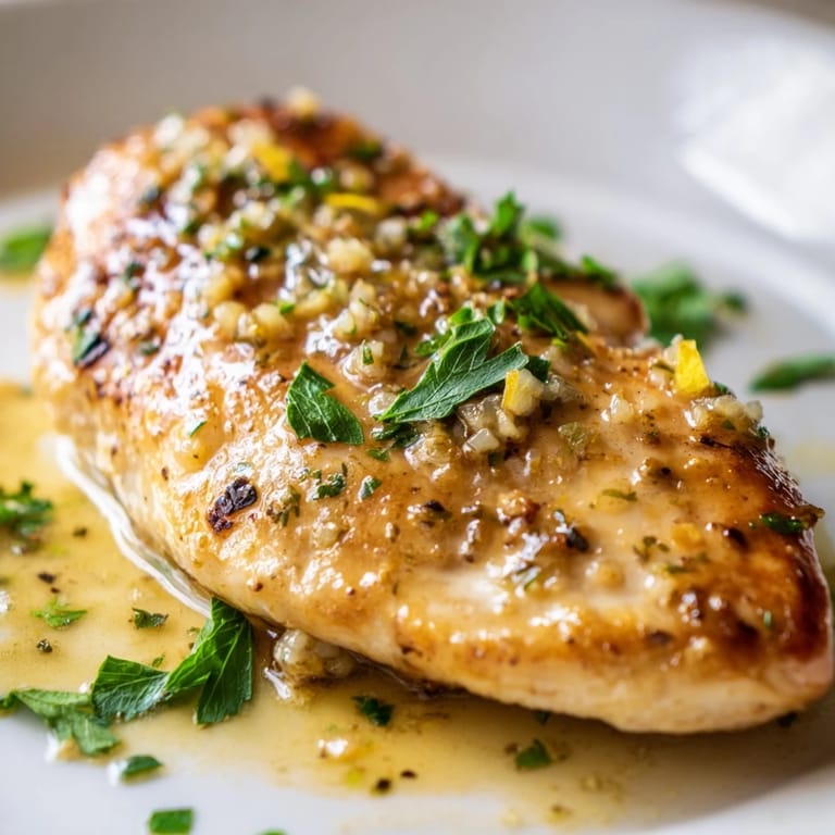 Nahaufnahme einer pan-seared Hähnchenbrust mit leuchtender Zitronen-Butter-Glasur, bereit für ein schnelles, glutenfreies Abendessen.