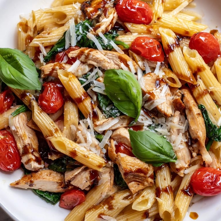 Ein leckerer Teller mit Balsamic Glazed Chicken Pasta, Parmesan und aromatischen Kirschtomaten für ein italienisches Abendessen.