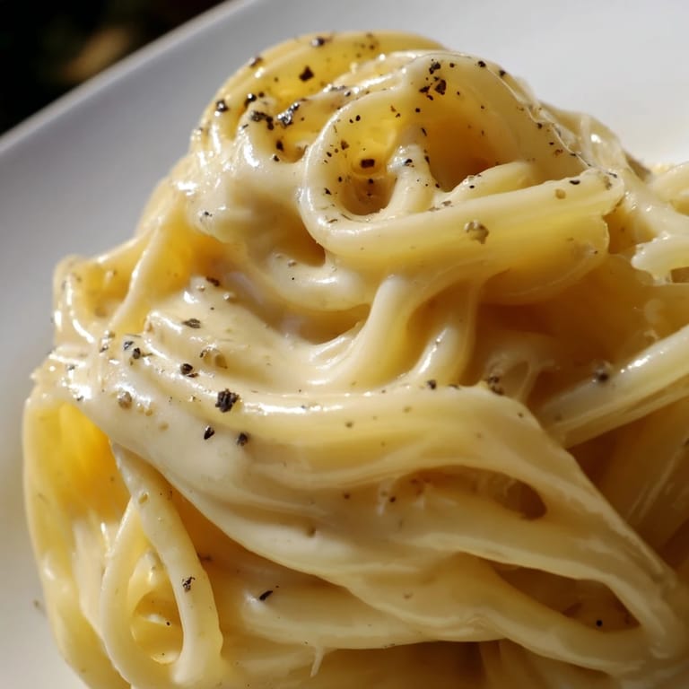 Shows a close-up of a fork twirling Spaghetti Cacio e Pepe, highlighting the simple, Roman-inspired vegetarian main dish.