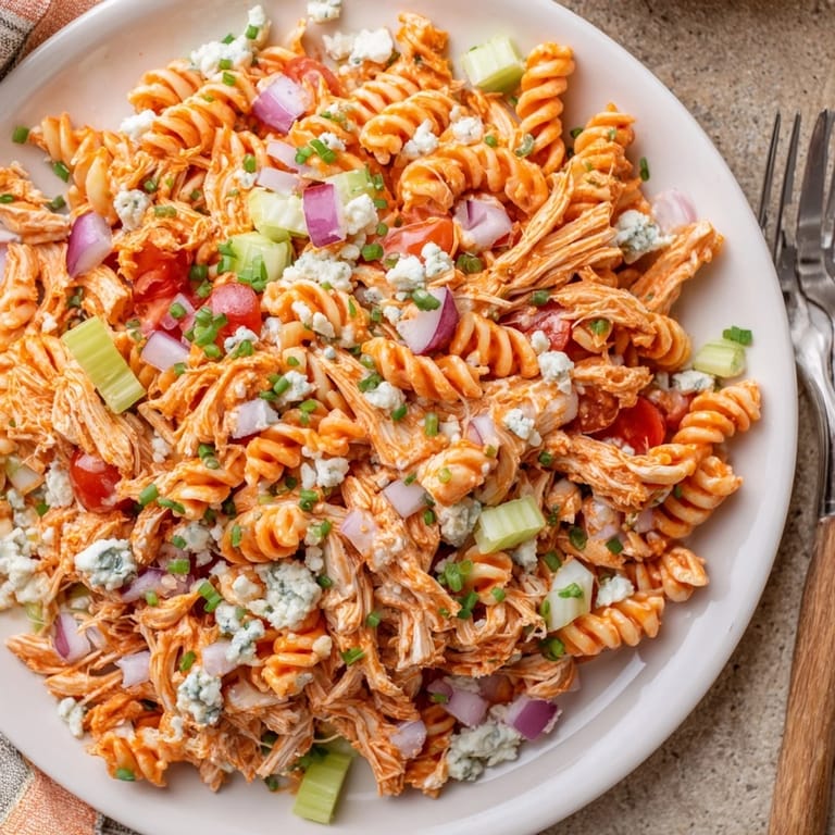Gewürztes Buffalo Chicken Pasta Salad mit saftigem Hähnchen, Zwiebeln und Kräutern, angerichtet für den Sommer-Genuss.