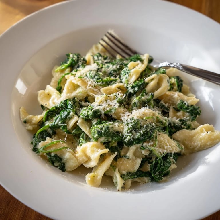 Teller mit Creamy Spinach Garlic Nudeln, umhüllt von einer glatten Knoblauch-Cream-Sauce und zartem Blattspinat, fertig zum Servieren.