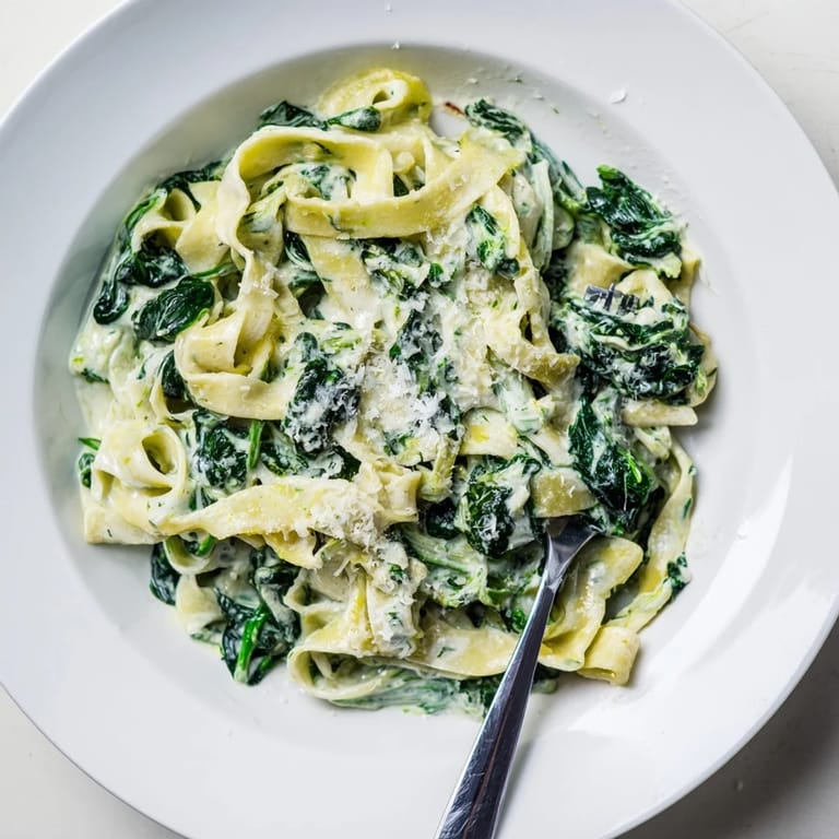Frisch gewendelte Creamy Spinach Garlic Nudeln, dampfend heiß mit cremiger Sauce und knusprigem Brot zur Beilage.