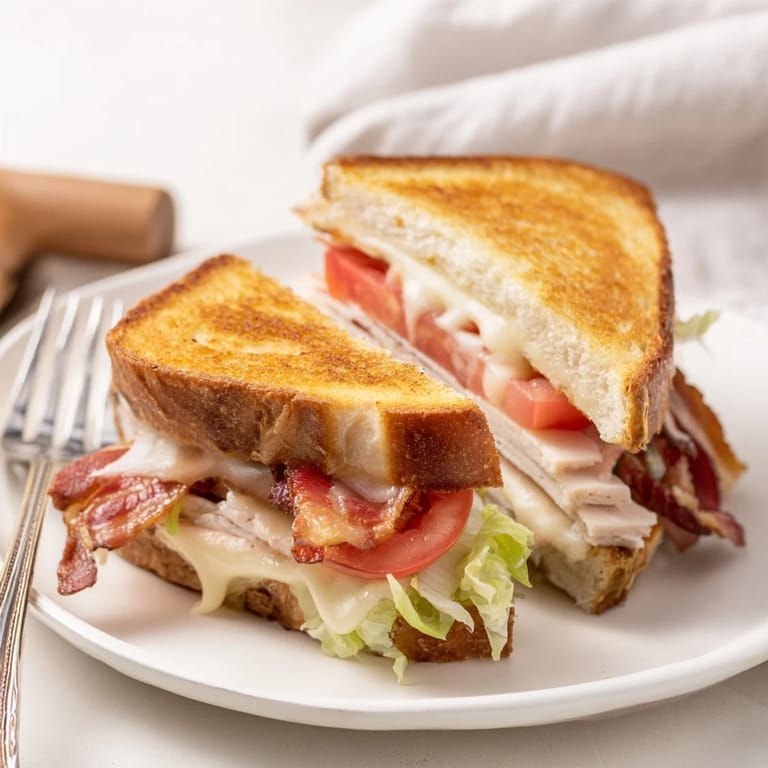 Buttery sourdough Turkey Club Grilled Cheese with juicy tomato and crispy bacon inside.