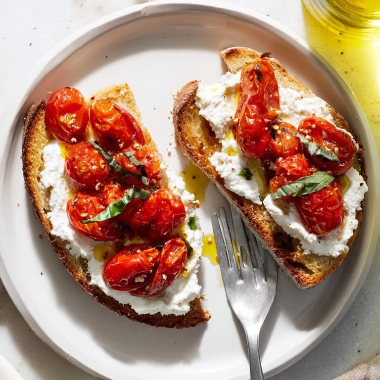 Heiße, geröstete Cherrytomaten auf knusprigem Sauerteigbrot mit cremiger Ricotta-Creme und frischen Basilikumblättern garniert.