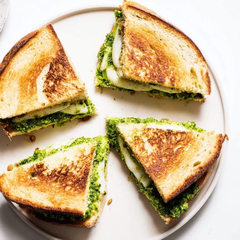 Knusprig gebratenes Sauerteigbrot, gefüllt mit cremigem Erbsen-Pesto und reichlich geschmolzenem Mozzarella, garniert mit frischen Babyspinatblättern.