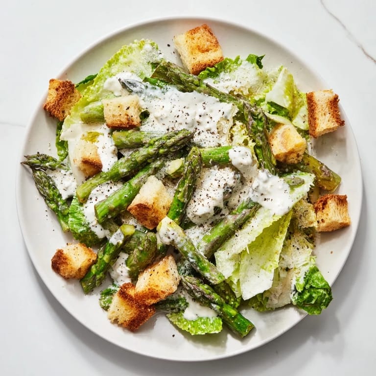 Goldbraun gerösteter Spargel liegt auf grünem Römersalat, begleitet von knusprigen Croutons und Parmesan-Raspeln.