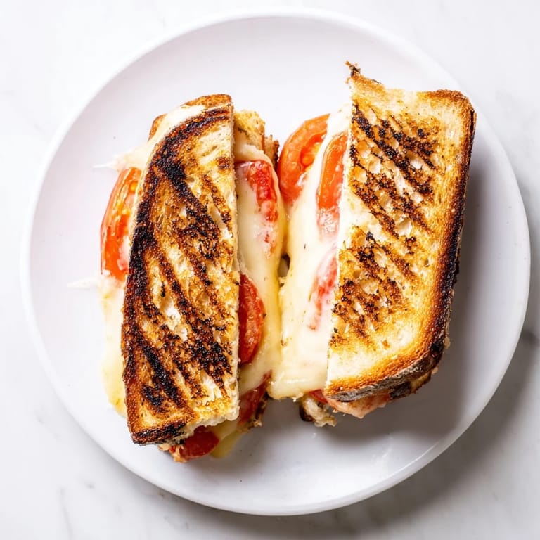 Ein würziges Pepper Jack & Tomato Grilled Cheese, goldbraun gebraten, mit saftigen Tomaten und geschmolzenem Käse auf dem Teller.