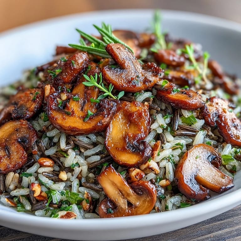Herzhaftes Wildreis- und Champignon-Pilaf in einer keramischen Schüssel, garniert mit Petersilie und gerösteten Mandeln neben einem Glas heller Gemüsebrühe.