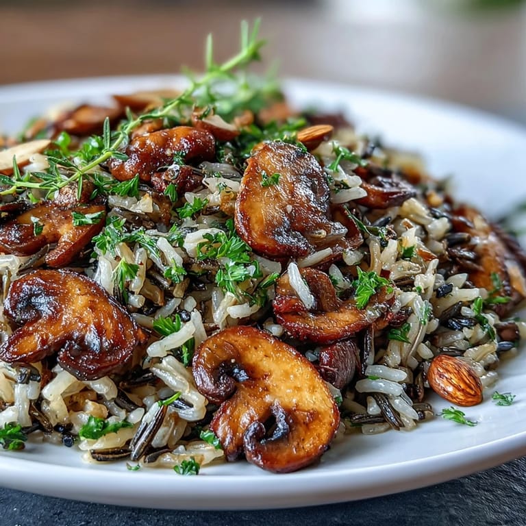 Wildreis- und Champignon-Pilaf duftet nach knusprigen Pilzen und Kräutern, warm serviert als nahrhaftes vegetarisches Hauptgericht für ein gemütliches Herbstessen.
