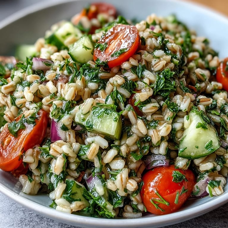 Helle Barley and Herb Salad mit Perlgraupen, frischen Kräutern und knackigem Gemüse, perfekt als leichtes Mittagessen.