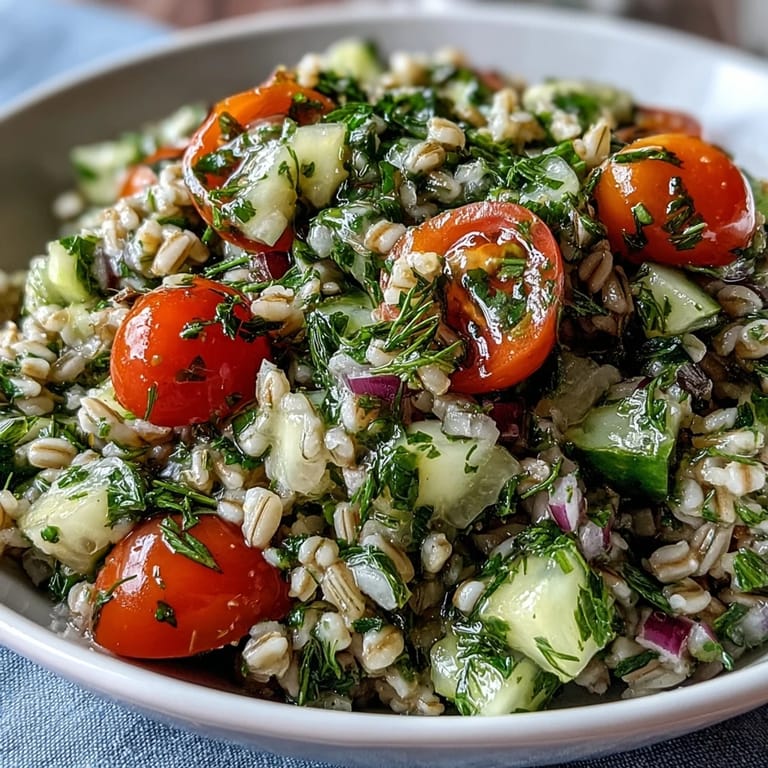 Geschmorte Perlgraupen in der Barley and Herb Salad, vermischt mit Minze, Dill und Petersilie sowie einer zitronigen Vinaigrette.