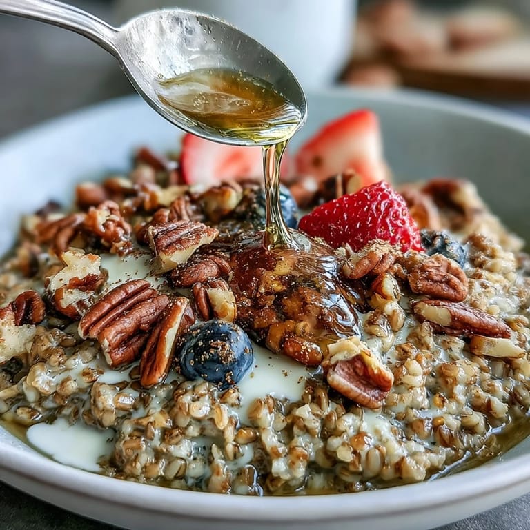 Goldbraune Buchweizengrütze Frühstückstasse mit knackigen Nüssen und frischen Früchten garniert.