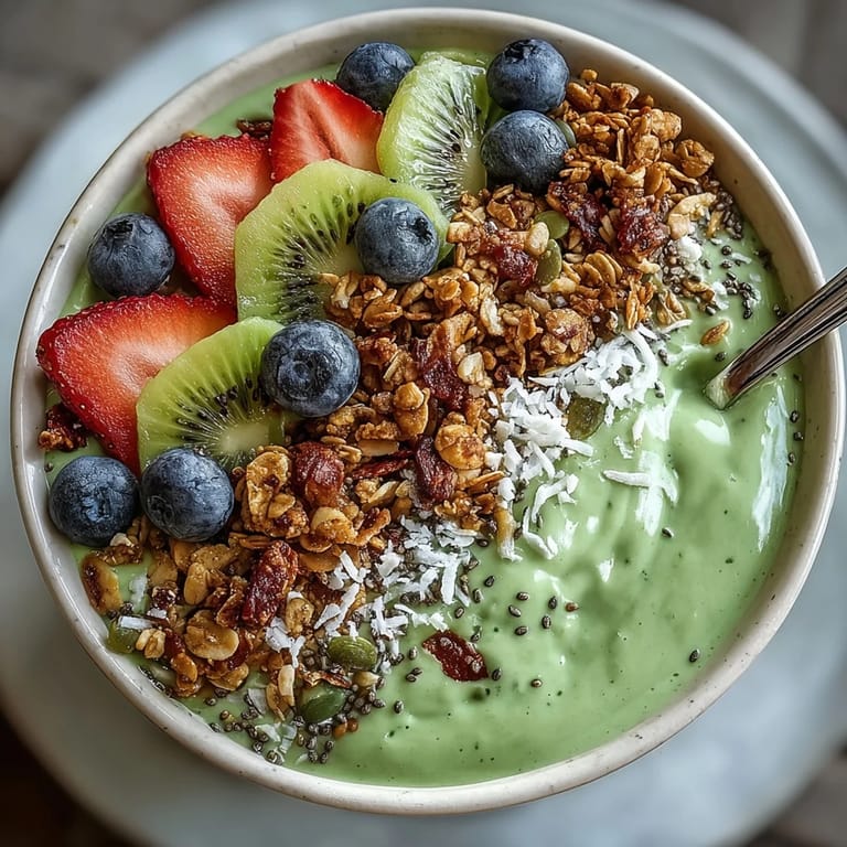 Genieße eine cremige grüne Smoothie-Bowl mit Mango, Ananas und crunchy Granola, perfekt für einen erfrischenden vegetarischen Snack.  