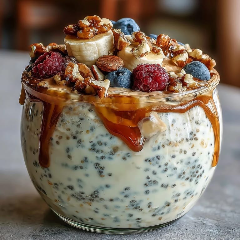Ein Glas Overnight Oats mit Chia-Samen steht auf einem sonnigen Frühstückstisch, garniert mit Bananenscheiben und einem Klecks Erdnussbutter.