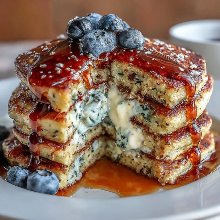 Goldbraune Protein Power Pancakes, dampfend heiß mit süßen Belägen serviert.