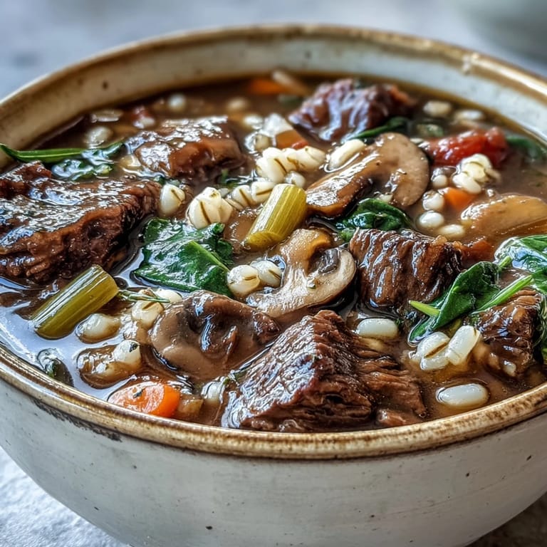 Rich Vegetable Beef, Barley, and Mushroom Soup with tender beef cubes and vegetables ready to serve.