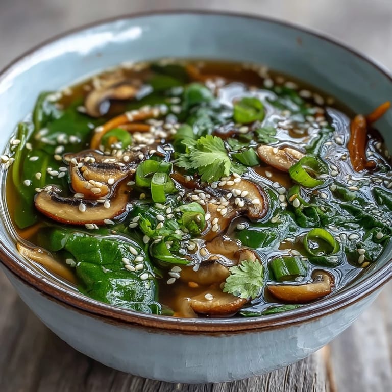 Keramikschüssel mit Miso Ginger Winter Soup, grünem Gemüse und Sesam, als nahrhafte, vegane Mahlzeit im Winter.