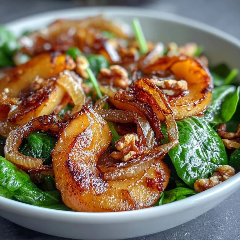Warm hergestellter Apfel- und Sauerkraut-Salat mit Baby-Spinat und gerösteten Nüssen für vegetarische Mahlzeiten.