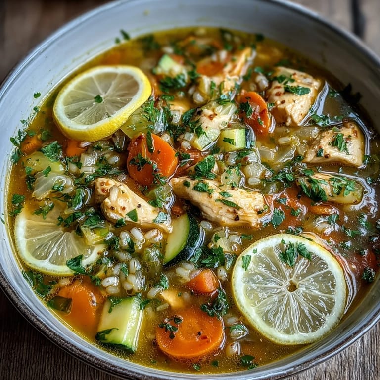 Golden-hued Soothing Turmeric Chicken With Pearl Barley simmering in a pot, with tender chicken, diced zucchini, and carrots in a savory broth.