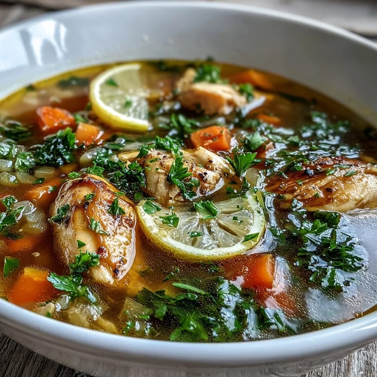 Frisch zubereitete High Protein Lemon and Turmeric Chicken Soup mit zarter Babykale, Zitronenzesten und kräftiger Brühe.
