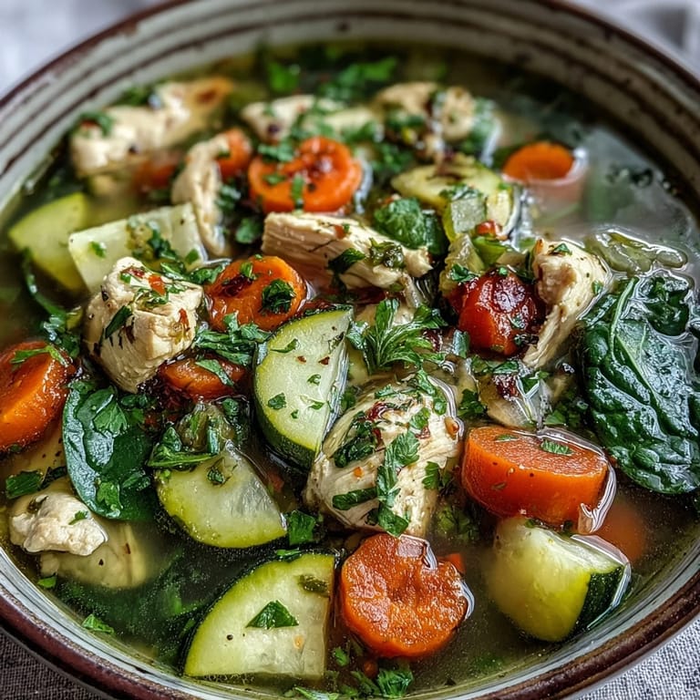 A warm ladle of golden turmeric chicken soup beside crusty bread slices.