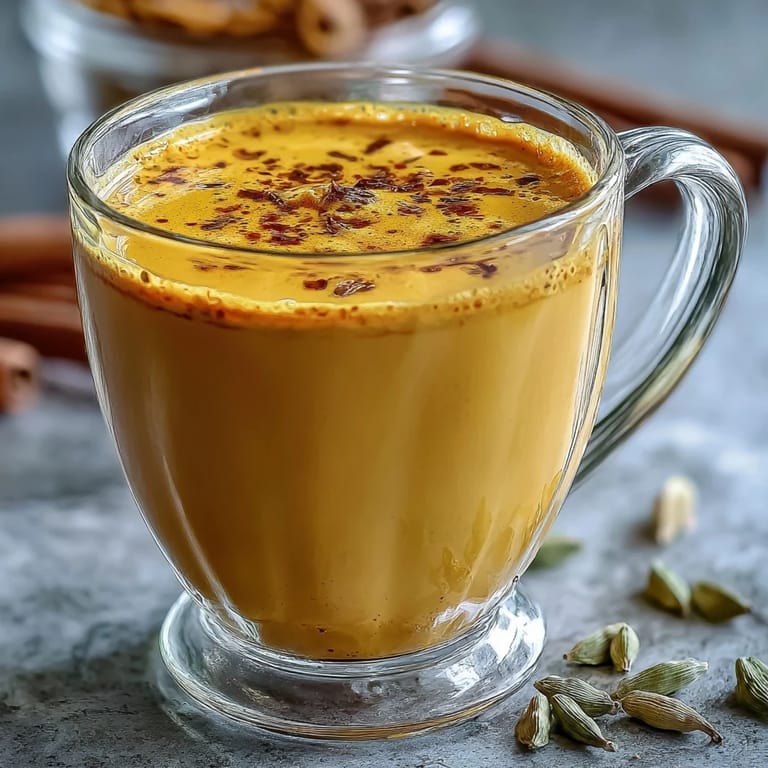 Golden turmeric and ginger milk in a white mug, paired with a warm pastry for a comforting treat.
