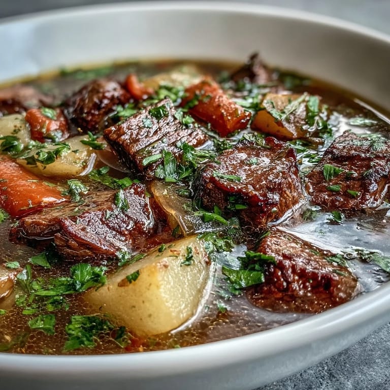 Steaming pot of Beef and Vegetable Soup with visible carrots, potatoes, and tender beef.