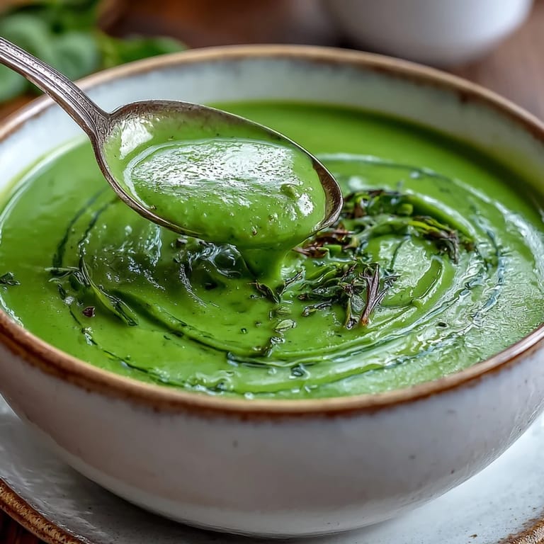 Frische Courgette, Pea and Pesto Soup dampfend in einer Schüssel mit Brot