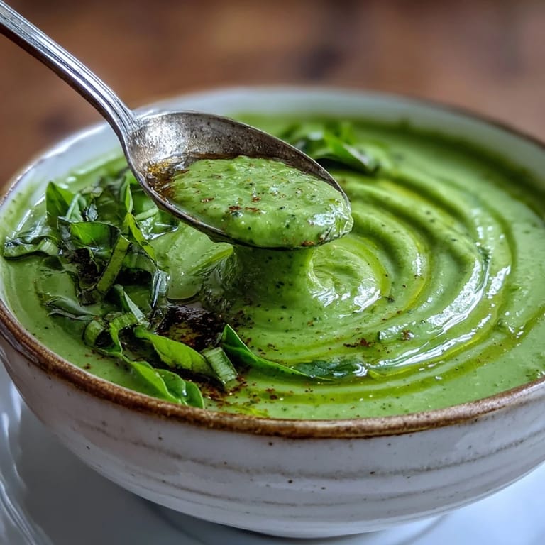 Geschmackvolle Courgette, Pea and Pesto Soup mit Pestowirbel und frischen Kräutern