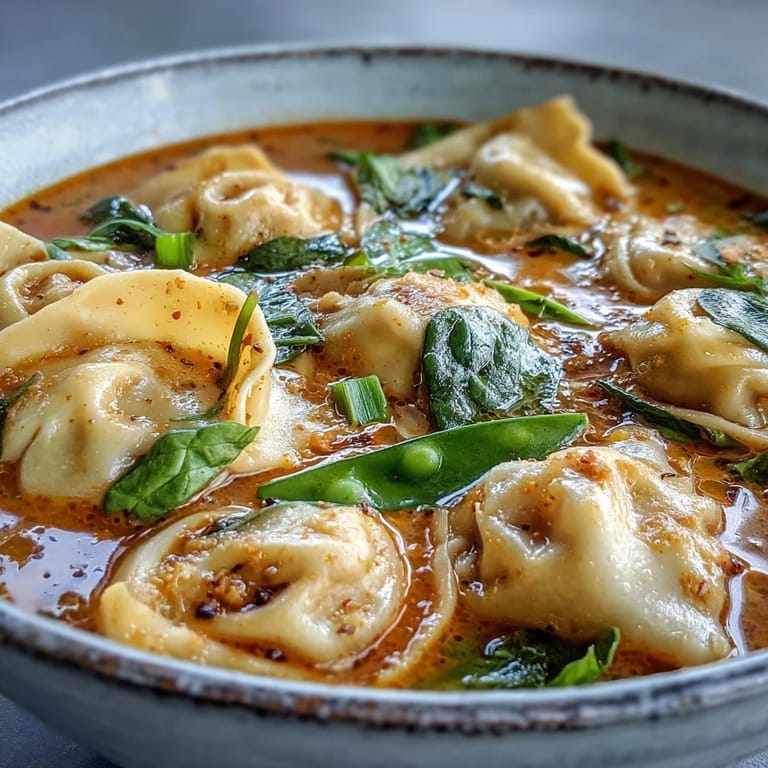 Köstliche Red Curry Wonton Soup mit Spinat und knusprigen Möhrenstreifen im Schüssel.