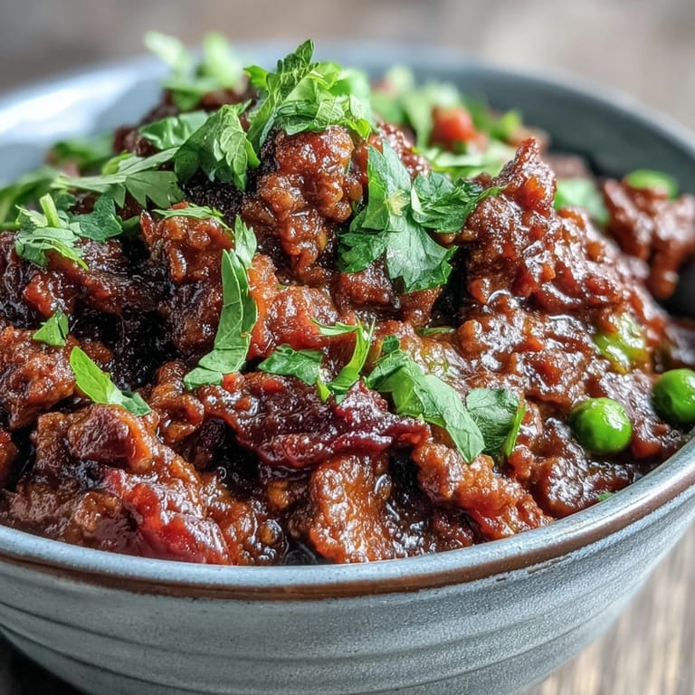 Das gewürzte Venison Keema Curry dampft heiß in einer Pfanne mit servierbereiten Beilagen.