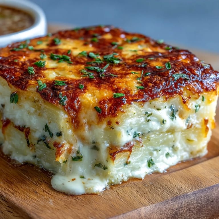 Goldbraune Cheese and Potato Pie mit duftenden Zwiebellagen, würziger Senfsahne und frischen Schnittlauchstücken auf dem Tellerrand.