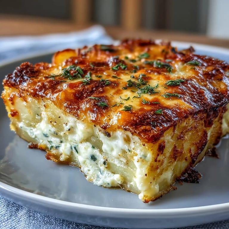 Herzhaftes Cheese and Potato Pie mit cremigen Kartoffelschichten, schmelzenden Käsesorten und einer goldigen, blubbernden Oberfläche auf einer Ofenplatte.