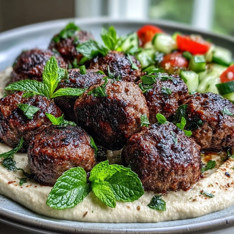 Gebrauchte Venison Meatballs auf hummusbedecktem Teller mit Zitronenminzsalat und Gewürzen.