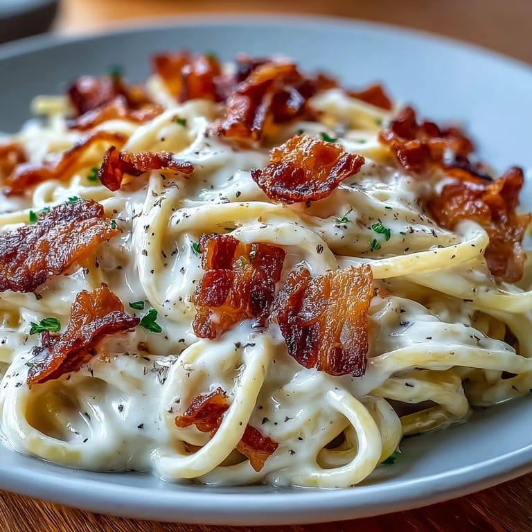Ein Niedrig-Kohlenhydrat-Gericht: Celeriac Carbonara mit Ei-Sauce, Pancetta und gehobenem Teller.
