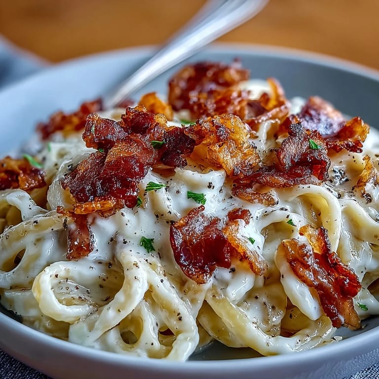 Frisch zubereitete Celeriac Carbonara, garniert mit schwarzem Pfeffer und extra geriebenem Parmesan.