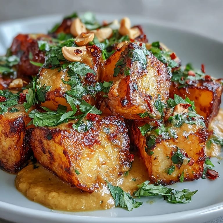 Herzhafte Curried Celeriac-Hauptmahlzeit mit Koriander und Cashew-Topping, ideal zu Reis.