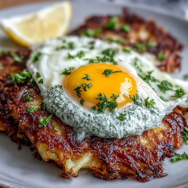 Texturen-Collage aus goldbraunen Celeriac Rösti, leuchtend roter Harissa-Joghurt-Note und flüssigem Eigelb, harmonisch belegt für eine ansprechende vegetarische Hauptplatte.