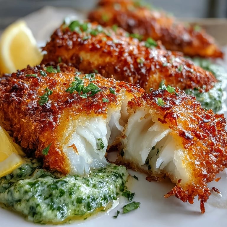 Saftige Haddock Goujons mit goldbrauner Parmesan-Panade und cremiger Erbsen-Pesto, serviert mit Zitronenspalten.