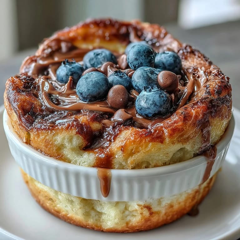Warmes Baked Protein Pancake Bowl mit Joghurt und Schokoladenstückchen auf Holztisch.