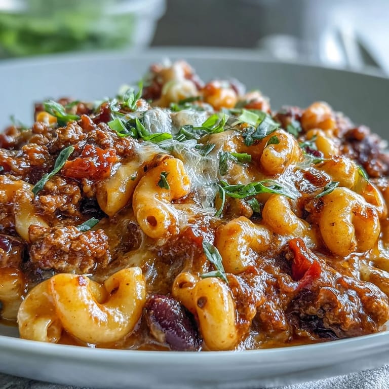 Savory One-Pan High Protein Chili Mac served in a bowl with sour cream and tortilla chips for crunch.