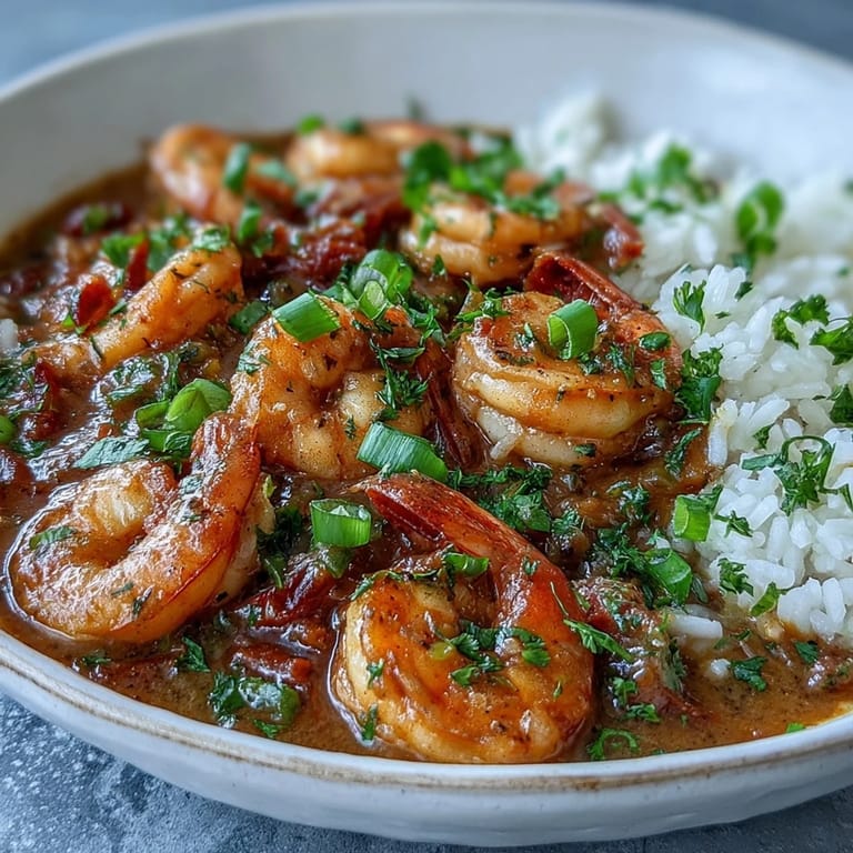 Eine dampfende Schüssel Classic New Orleans Étouffée, reichhaltig und würzig, mit Garnelen und viel Petersilie auf weißem Reis angerichtet.